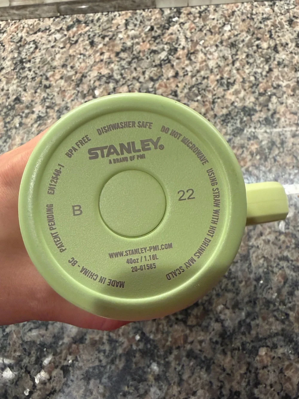 Stanley Light Green Travel Mug with Pink Logo and Accent